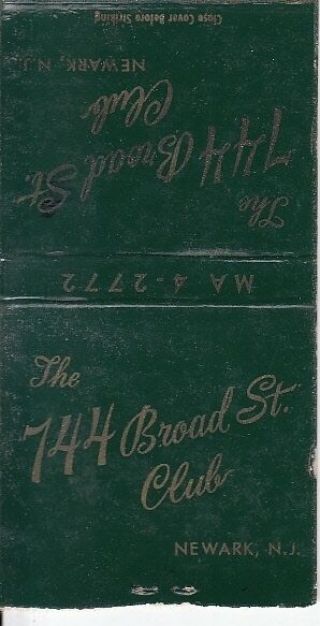 The 744 Broad St.  Club Newark Jersey Nj Old Matchcover