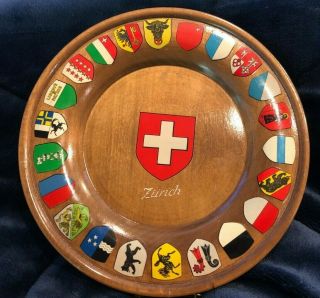 Vintage 1975 Zurich Switzerland Wooden Coat - Of - Arms Wall Plate