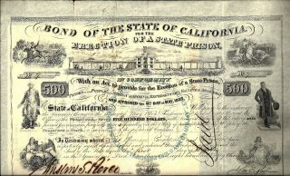 California 1853 Bond " Erection Of A State Prison " San Quentin Signed Gov.  Bigler