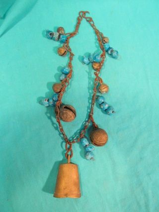 Vintage 14 " Brass Bells & Blue Pottery Beads Chain Necklace India ???
