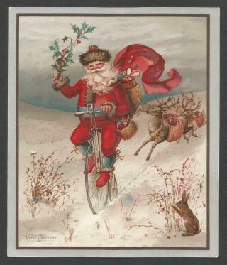 D80 - Santa On A Penny - Farthing Bicycle - Large Victorian Xmas Card