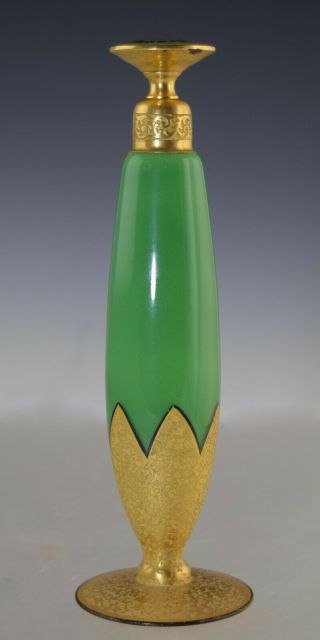 Rare Devilbiss Gold Encrusted Green Glass Perfume Bottle W/enamel Dauber