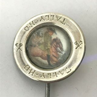 Antique Hat Pin Silver Magnified Dome " Tally Ho " Rider.  Hinged Collectible