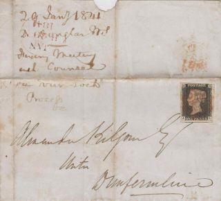 1841 Qv Cover With Almost 4 Margin 1d Black Stamp To Dunfermline Fife Cat £750,