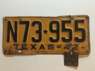1942 1944 Texas License Plate W/ Metal Tab Wwii Year Great Old Patina