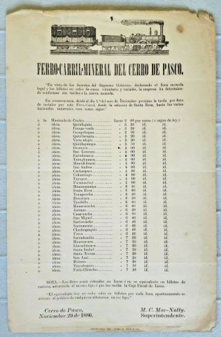 Peru Mineral Railway Cerro De Pasco Pacific War Time 1880 Price List Advertising