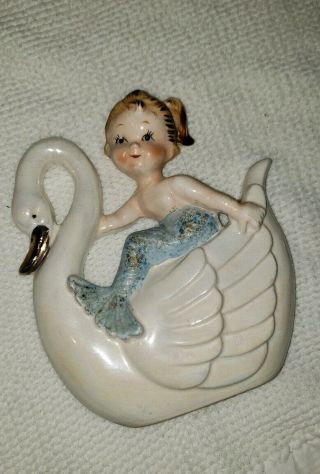 Vintage Lefton Mermaid Riding A Swan Ceramic Wall Plaque Bathroom Decor Retro