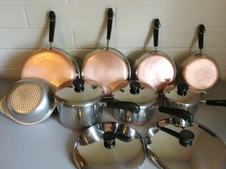 13 Pc 1801 Revere Ware Copper Bottom Stainless Pots Pans Skillets W/lids