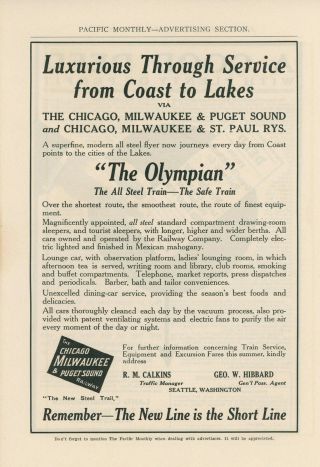 1911 Chicago Milwaukee & Puget Sound Railway Ad Service Coast To Lakes Olympian