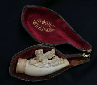 Antique Hand Carved Dog Real Meerschaum Pipe In Case