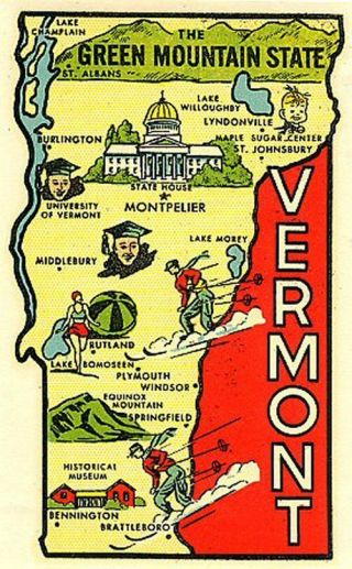 Vintage Vermont Green Mountain State Map Souvenir Travel Water Decal Sticker Art