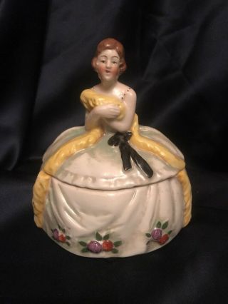 Fab Antique Germany Porcelain " Victorian Lady " Powder Dresser Box Marked