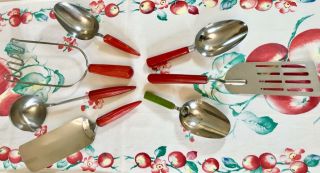 Vintage 7 Pc Bakelite Utensils 6 Red 1 Green By A&j And Androck Stainless