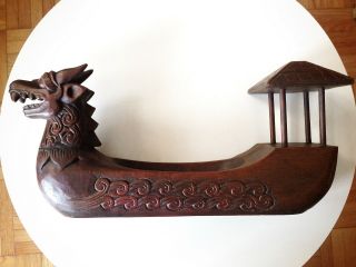 Large 25 " Vintage Chinese Dragon Boat Rustic Hand Carved Wood Sculpture Bowl