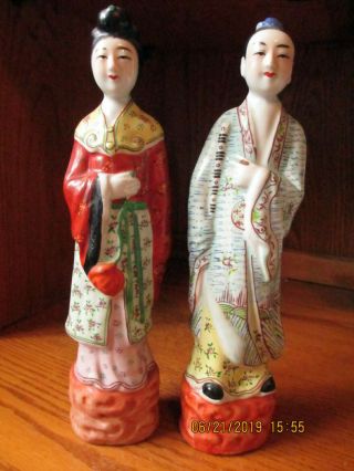 Japanese Ceramic Ohina Set Of Two Male And Female Fiqurines 11 1/4 " Tall