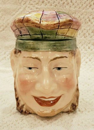Antique Majolica Toby Figural Tobacco Jar Man W Sideburns & Plaid Cap Humidor 45