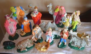 Vtg Atlantic Mold 17pc Christmas Nativity Scene Ceramic Hand - Painted Figurines