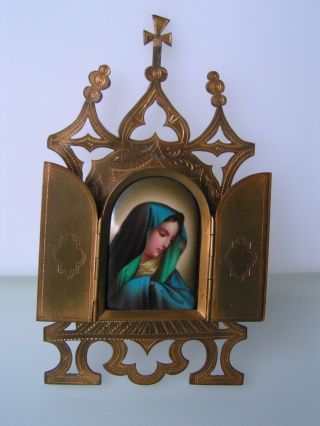 Antique 1870 Anton Boehm Tryptich Hand Painted Porcelain Virgin Mary