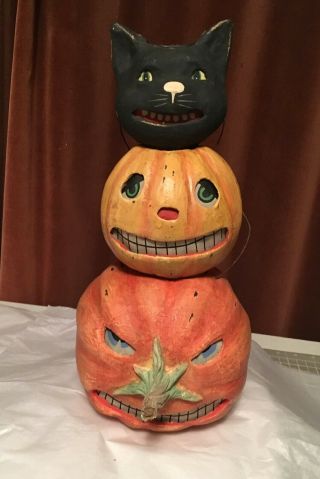 Bethany Lowe Halloween Trio Pumpkin Black Cat Jack - O - Lantern Vintage Rare Htf