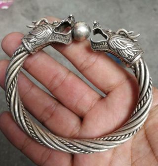 China Tibetan Silver Hand - Made Engraving Double - Headed Dragon Silver Bracelet 04