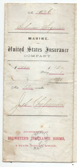 1868 United States Insurance Company Policy On Ship