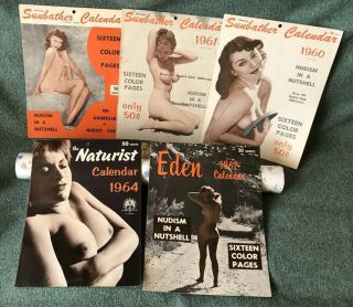 5 Vintage Nudist Beauty Calendar 1960s Sunbathing Pin - Up Art Photos