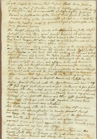 Early American Manuscript Deed,  Calais,  Orange County,  Vt,  Feb.  6,  1796