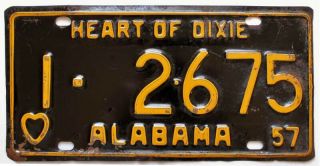 Vintage Alabama 1957 Jefferson County License Plate,  Low Number,  2675