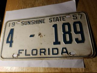 1957 Vintage Florida License Plate Tag 4 - 189 Blue On White Sunshine State
