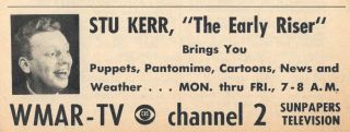 1960 Wmar Tv Ad Stu Kerr (bozo The Clown) " The Early Riser " Puppets & Cartoons