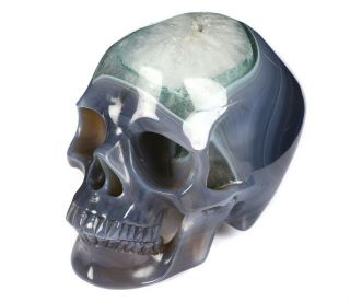 Huge 5.  0 " Gray & White Agate Carved Crystal Skull,  Realistic,  Healing