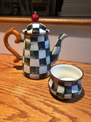 Mackenzie Childs Coffee Pot Sugar Bowl Courtly Check Enamel 3 Piece Stacking Set 4