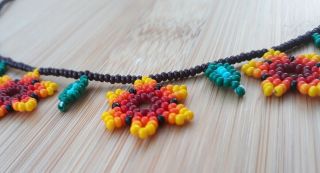 Mexican Beaded Necklace,  Handmade,  Flowers,  Huitichol Traditional Art