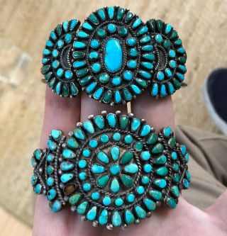 Pair Old Teardrop Zuni / Navajo Turquoise & Sterling Silver Cuff Bracelets
