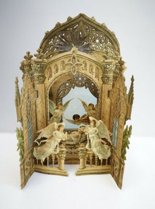 Antique Pop Up Die Cut 3d Christmas Nativity Lace Card Church Angels