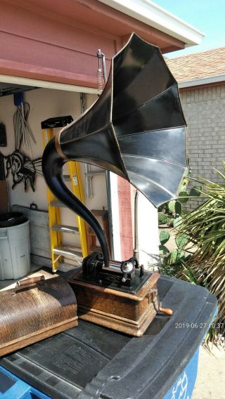 Edison Phonograph D Cylinder Record Player With Cygnet Horn,  Reproducer As/is