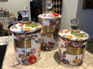 Mackenzie Childs 3 Piece Flower Market White Canister Set Small Medium And Large