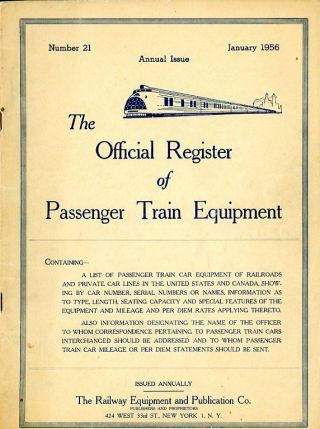 Official Register Of Passenger Train Equipment - January 1956