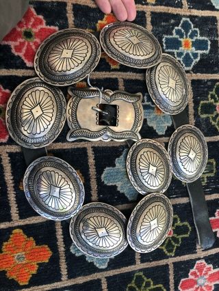 Huge Navajo Native American Stamped Sterling Silver Old Pawn Concho Belt