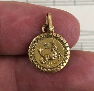 Antique French 18k Yellow Gold Medal Pendant Capricorn Zodiac Sign C1930