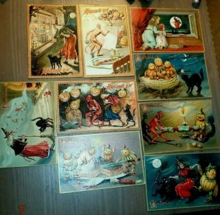 Nine 1909 Tuck’s Halloween Postcards,  Devils,  Witches,  Pumpkins,  Series 150,  160