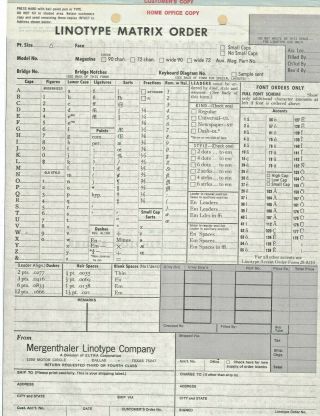 1967 9 Linotype Matrix Order Forms Mergenthaler Linotype Company Dallas Texas