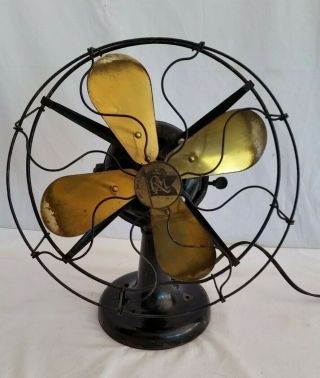Antique 1909 Robbins Myers R&m 12 " Brass Blade Electric Table Fan,  2 Speed