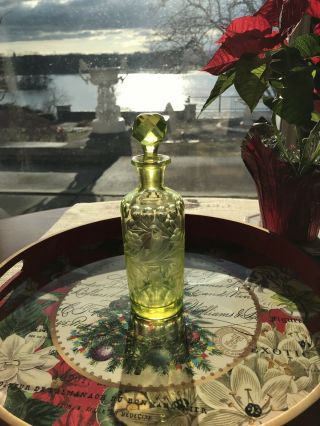Antique Yellow Vaseline Glass Etched Bottle And Stopper
