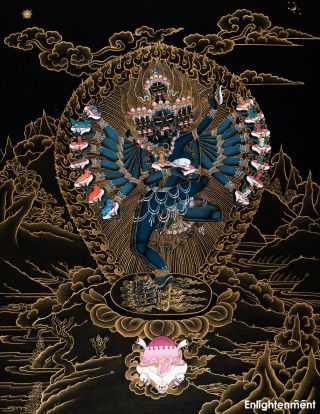 24k Gold - On - Black Thangka Of Hevajra With Consort (with Brocade)