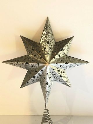 Handmade Etched Engraved Silver Metal 8 Point Star Christmas Tree Topper 8 "
