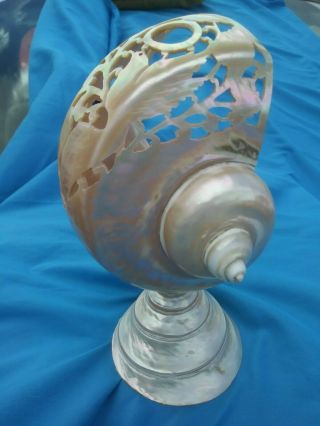Vintage Carved Abalone Shell Mother Of Pearl Mop Bird And Flower Design