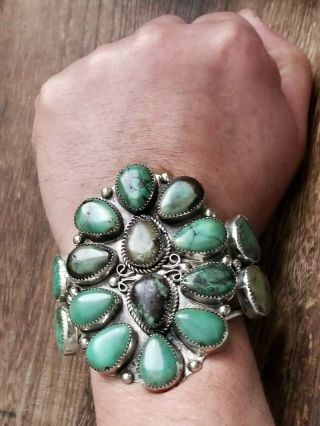 Huge Navajo Sterling Silver Tear Drop Turquoise Cluster Cuff Bracelet 76.  7 Grams