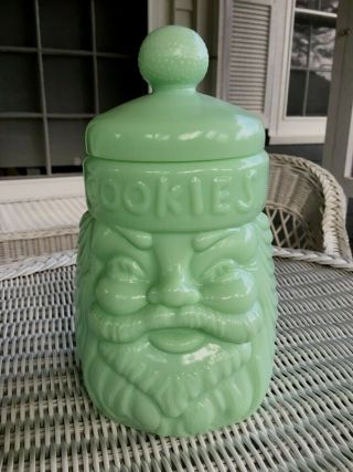 Cracker Barrel Jadeite Santa Cookie Jar And Lid Green Milk Glass