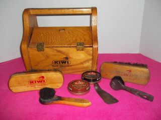 Vintage Kiwi Wooden Shoe Groomer Box - With Three (2) Horsehair Buffing Brushes